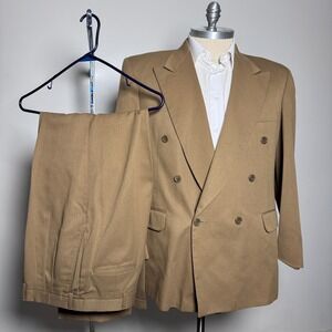 Manzetti Suit Mens 42R 38x31 Tan Solid Double Breasted Peak Lapel Vintage